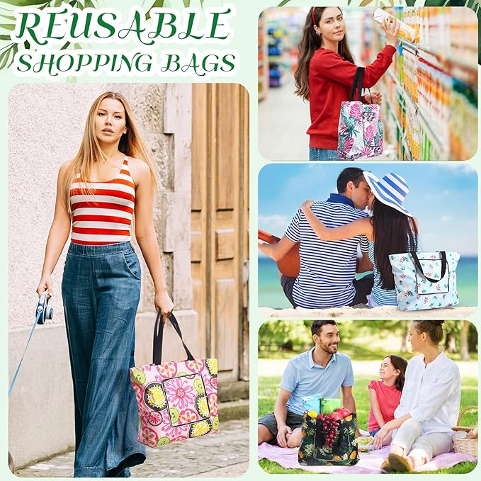 Cunno 6 Pcs Reusable Foldable Grocery Bags, Large Capacity Shopping Bag with Zipper Handle, Waterproof, Women