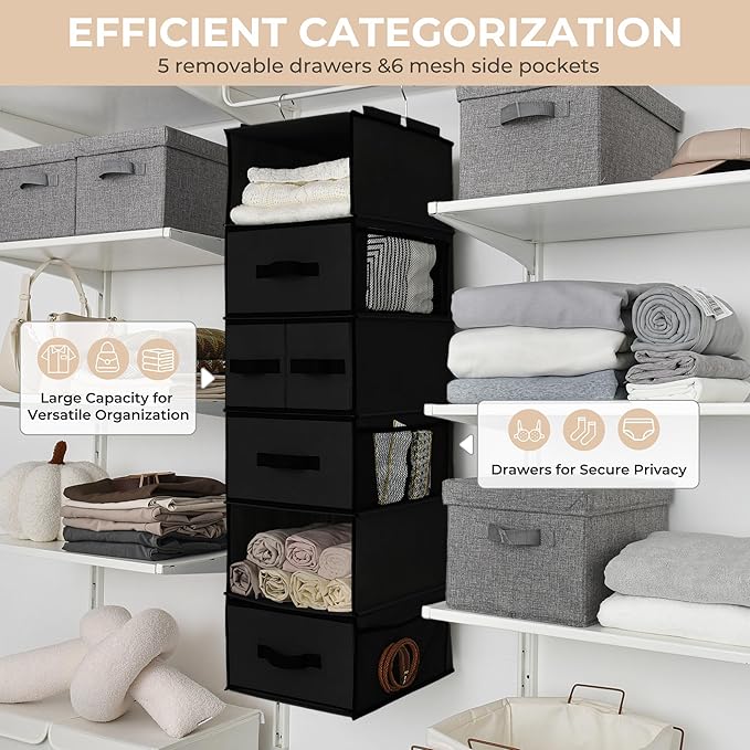 GRANNY SAYS Hanging Closet Organizer 6 Shelves, Closet Organization and Storage with 5 Different Drawers, 6 Side Pockets Ward