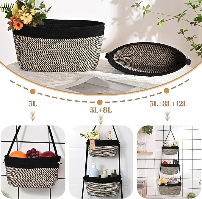 Hanging Storage Baskets, Over the Door Basket, Cotton Wall Baskets Storage, Hanging Door Basket with 4 Hooks