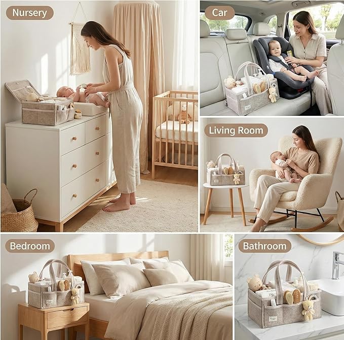 PeraBella Baby Diaper Caddy Organizer, XL Baby Basket Shower Gift Caddy, Portable Felt Changing Table Basket, Nursery Storage