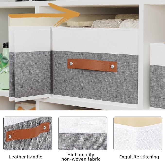 Storage Bins, 16.1 × 9.8 × 6.5 Inch Storage Cubes with Handles, Closet Organizers for Organizing Shelves, White and Grey, 6-P