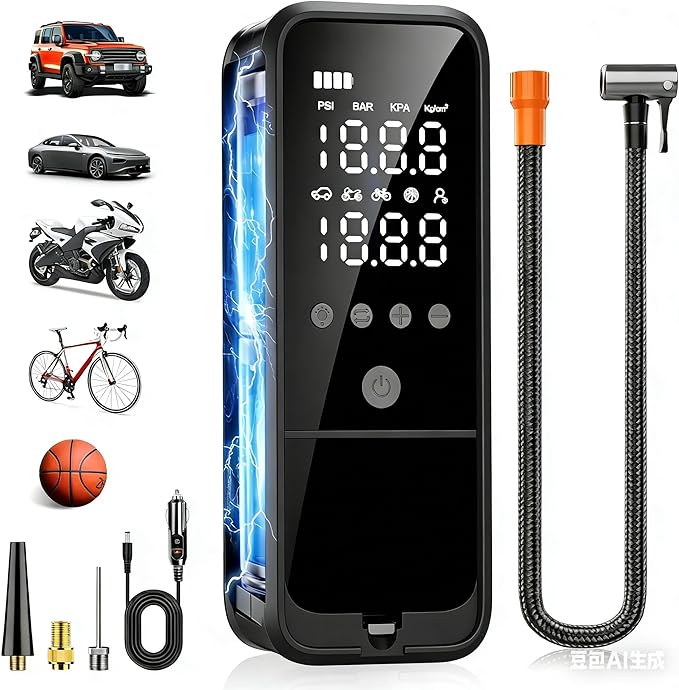 Tire Inflator Portable Air Compressor, 6000mAh Air Pump for Car Tires 160 PSI Portable Air Pump with Tire Gauge Pressure & LED Light & Auto Shut-Off Cordless Bike Pump for Car, Motor, Bike, Ball