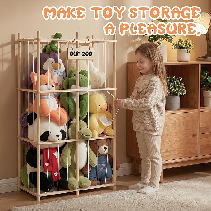 LAMU Stuffed Animal Storage, Wooden Zoo Stuffed Animal Holder with Elastic Cords, Space Save Plush Toy Cage, Double Capacity 