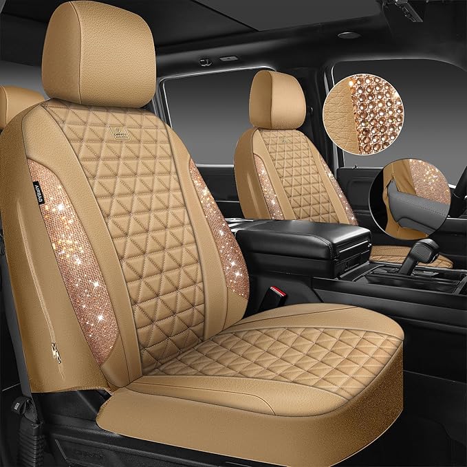 CAR PASS Bling Diamond Beige Leather Car Seat Covers Full Sets Interior Set, Waterproof Shining Glitter Sparkly Crystal Unive