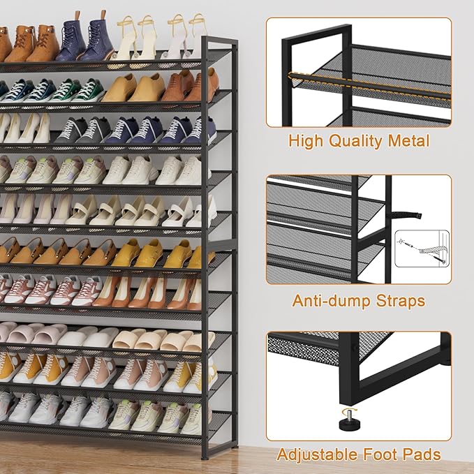Large Shoe Rack 10 Tier Shoe Organizer, Heavy Duty Metal 5-Tier Stackable Shoe Storage Vertical Shoe Rack for Closet Front Do