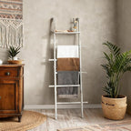 Wash White Wood Blanket Ladder with Top Shelf for the Living Room, 67in Decorative Blanket Holder, 5 Tier with Side Hooks for