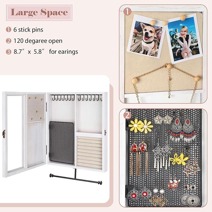 Keebofly Wall Mounted Jewelry Organizer With Rustic Wood Large Space Jewelry Cabinet, Holder, Storage Box for Necklaces, Earr