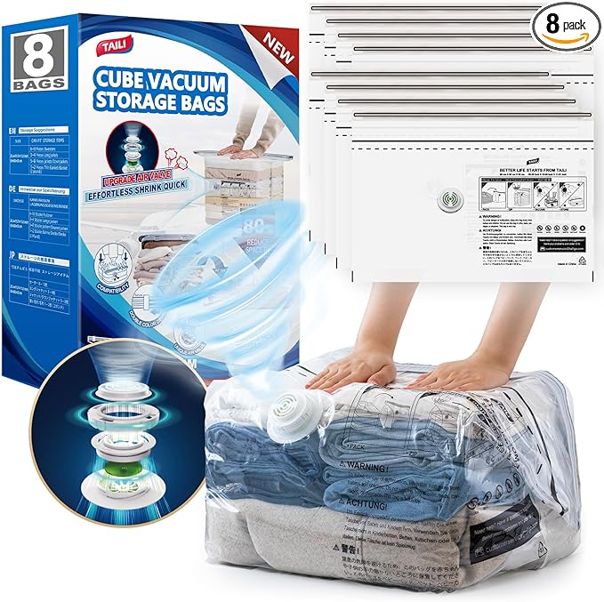 TAILI 8 Pack Cube Vacuum Storage Bags, Medium Size (25x19x11 inch), Vacuum Seal Bags for Clothing, Compression Packing for Cl