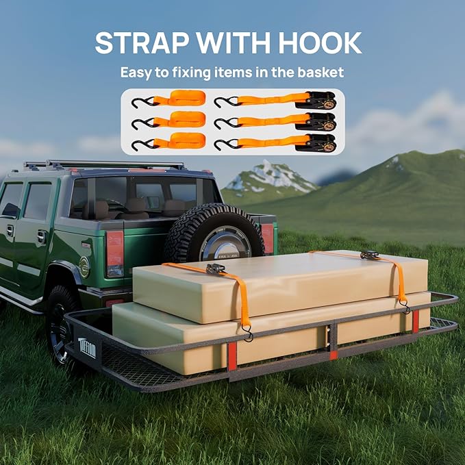 TUFFIOM 70"x30"x6" Folding Hitch Mount Cargo Carrier Basket, 500lbs Steel Car Cargo Trailer Hitch Luggage Rack, w/Straps+Stabilizer for SUV Truck Van