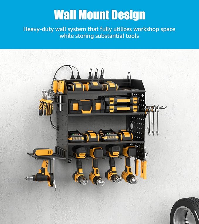 CCCEI Modular Power Tools Organizer with USB Charging Station, 4 Layer Drills and Battery Storage Wall Mount, Garage Shop Org