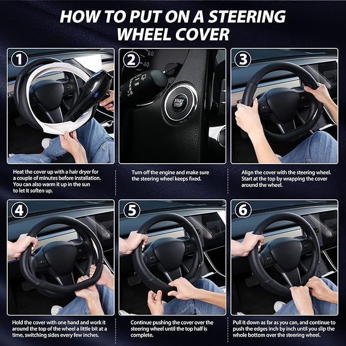 SEG Direct Flat Bottom Steering Wheel Cover, D Shaped Car Wheel Cover 14-14 1/4 in. (35.5-36 cm), for Tesla Model 3 / Y, for 