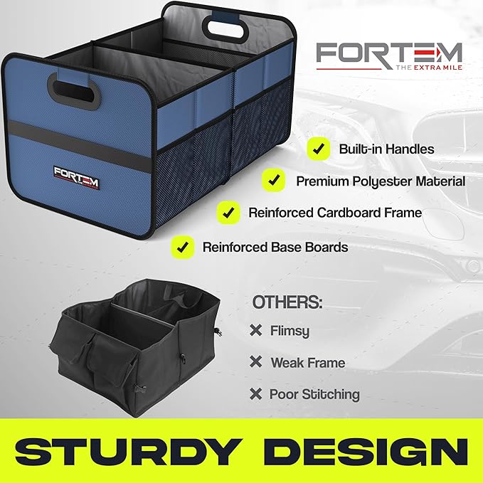 FORTEM Car Trunk Organizer, Collapsible Two Compartment Organizer, Foldable SUV & Truck Storage for Car Accessories for