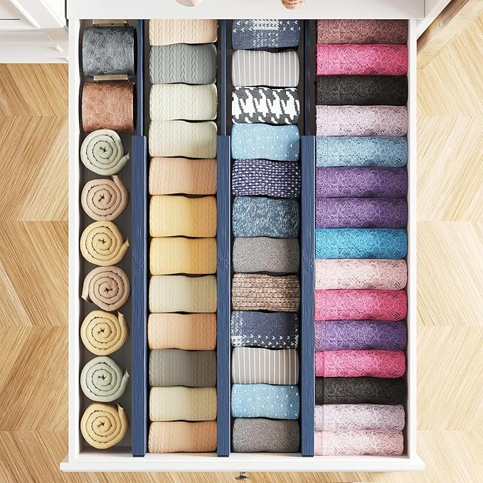 SpaceAid Bamboo Dresser Drawer Dividers 6 Pack, 4.65“ High Adjustable 17“-22” Drawer Organizers, Expandable Organization for 