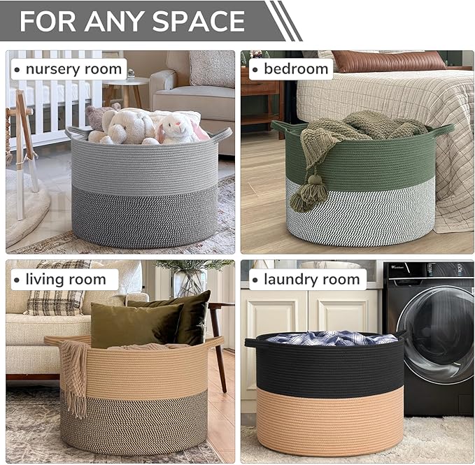 INDRESSME 115L Extra Large Blanket Basket, Cotton Rope Basket for Nursery Living Room, Decorative Woven Storage Baskets with 