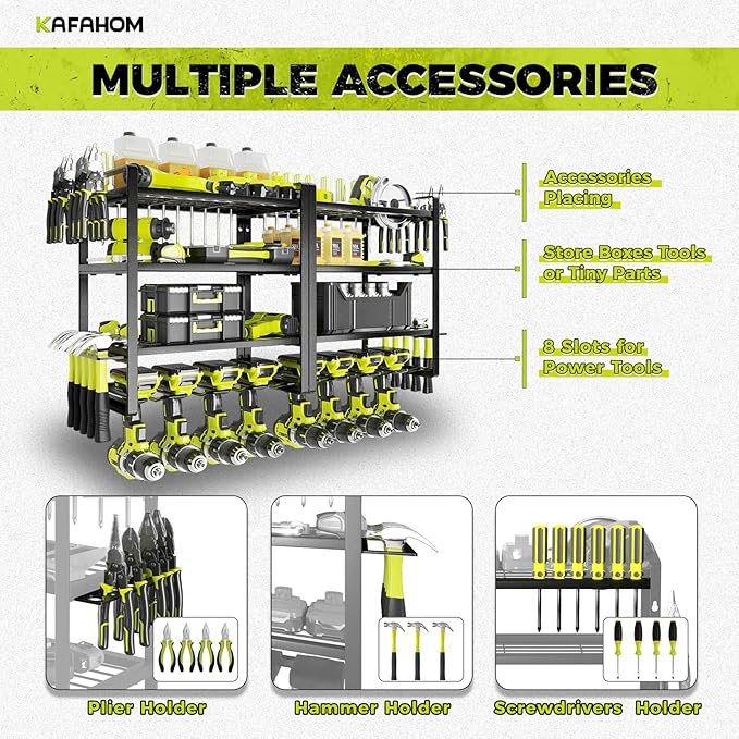 KAFAHOM Power Tool Organizer Wall Mount, 4-Tier Drill Holder for Cordless Tools, 2-Pack Set, Garage Storage Rack with Side Ho