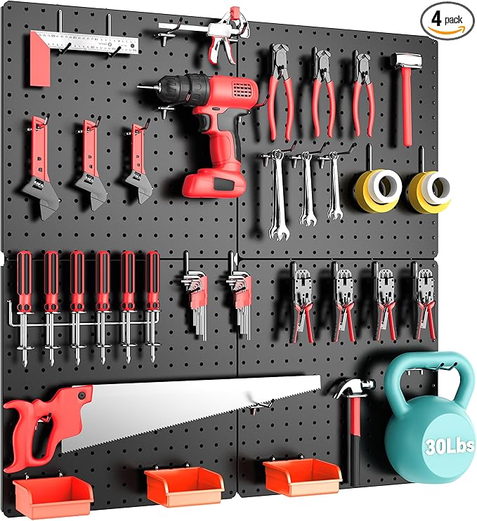 Peg Board,Total 32” x 32”, 68PCS Heavy Duty Metal Pegboard with Hooks, 4 Pack Black Peg Board Panels, 50lbs Load Capacity Eac