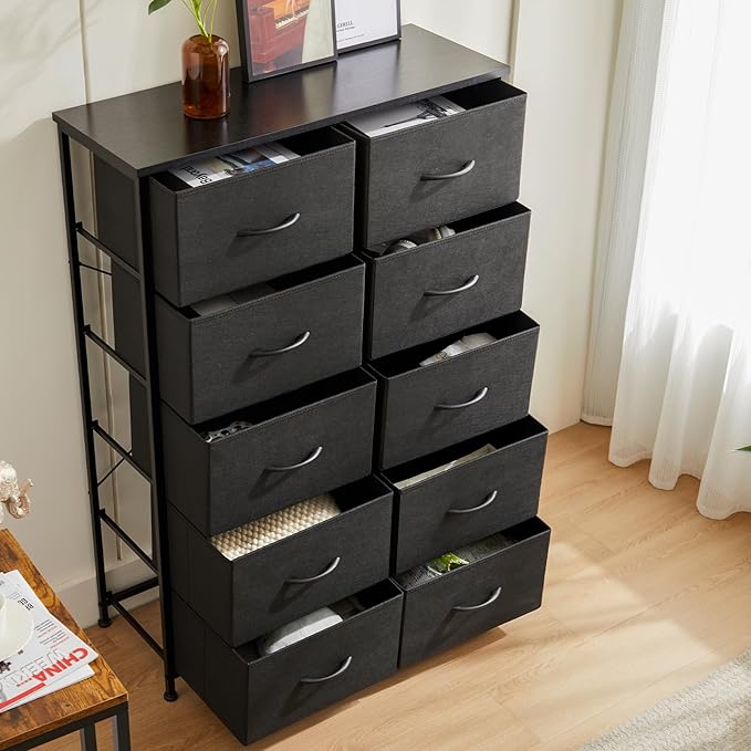 DUMOS Dresser for Bedroom, 10 Storage Drawers, Wide Fabric Closet Chests Organizer Tower Furniture with Wooden Top Metal Fram