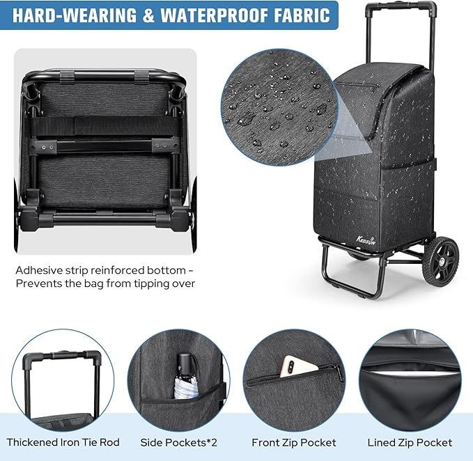 KEDSUM 2 in 1 Shopping Carts for Groceries, 330 lbs Grocery Cart on Wheels, Foldable Utility Carts with Wheels, Hand Truck with Waterproof Tote Bag for Shopping, School, Laundry, Craft Show, Black