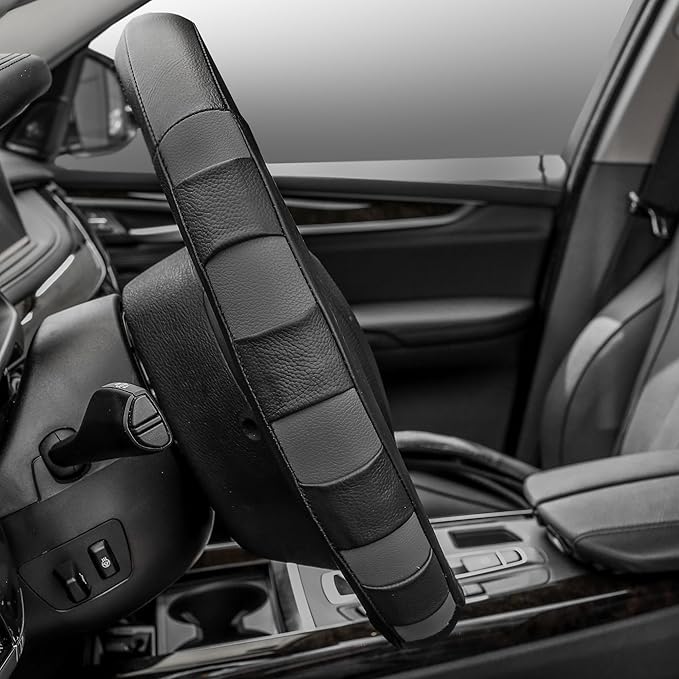 FH Group Universal Fit Genuine Leather Sport Gray Steering Wheel Cover Fits Most Cars, SUVs