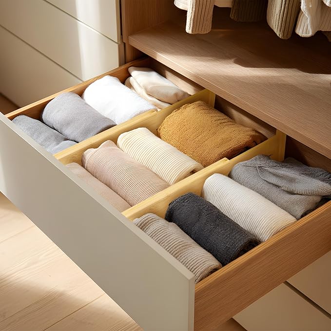 VaeFae 3 Pack Bamboo Drawer Dividers, 4" High Adjustable 11.9-17.1" Clothes Drawer Organizers, Expandable Separators for Bedr