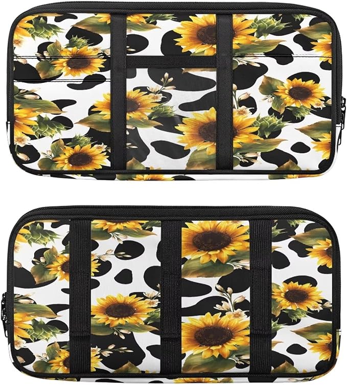 Car Sun Visor Organizer,Cow-Print Sunflower Auto Interior Accessories Pocket Organizer Glasses Clip， Truck SUV Storage Pouch Holder with Double Zipper Pockets