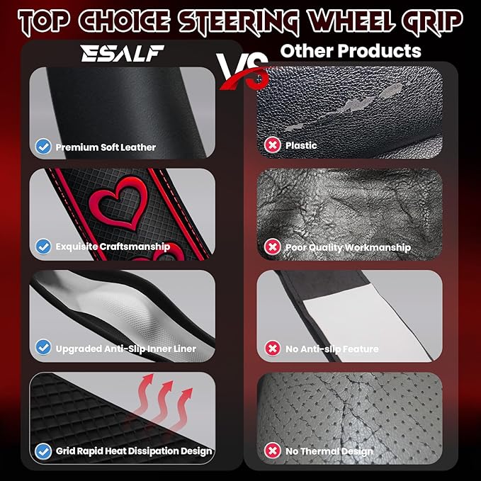 Ventilated Heart-Shaped Steering Wheel Cover with Anti-Slip Leather Grip. Compatible with Ford, Toyota, Honda, Nissan, and Ch