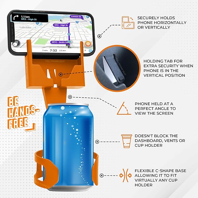 CELL PHONE SEAT - Cup Holder Phone Holder Mount for Car - Universal Adjustable Expander Cradle Hands-Free Driving - Compatible with All Smartphones iPhone Samsung Google Android Orange