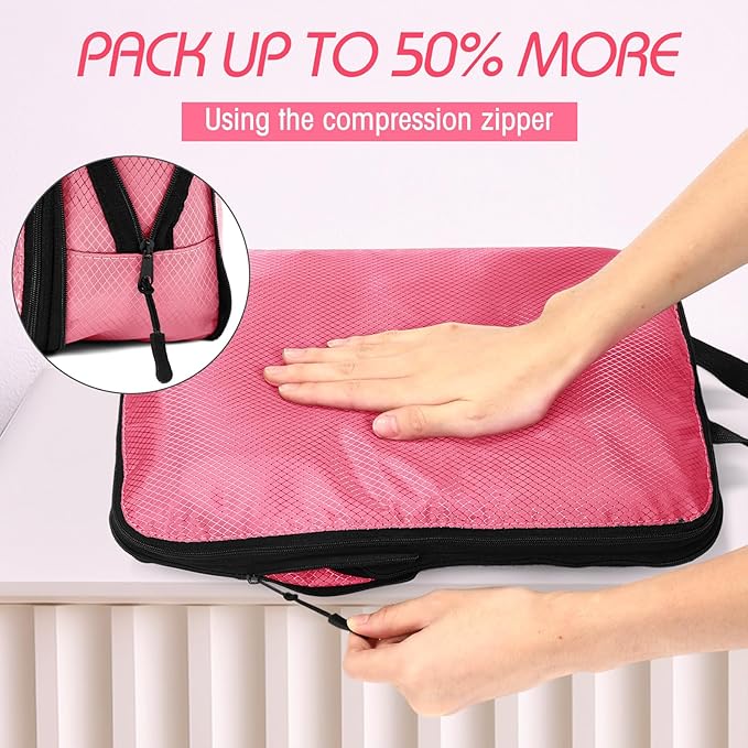 5 Pack Compression Packing Cubes for Travel Space Saving Cubes Luggage Organizer for Suitcase(Pink,Mixed)