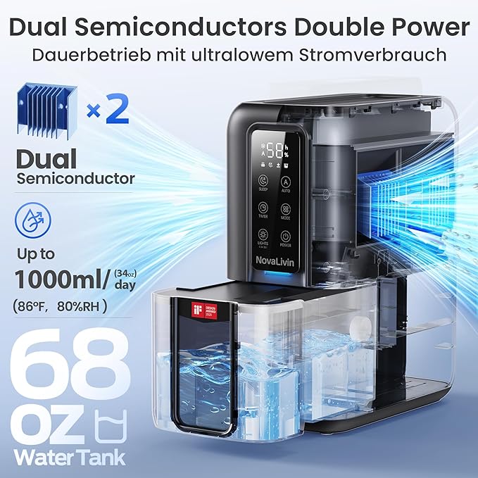 Dehumidifiers for Bathroom with Moisture Absorber Bag Reusable, 68 OZ Water Tank Portable Quiet Dehumidifier for Bedroom