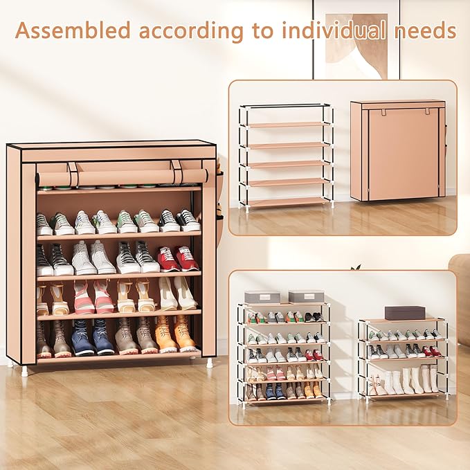 Laiensia 5-Tier Vertical Shoe Rack Organizer, Space Saving Shoe Storage Organizer, Non-Woven Cover Shoe Shelf Holds 20-25Pair