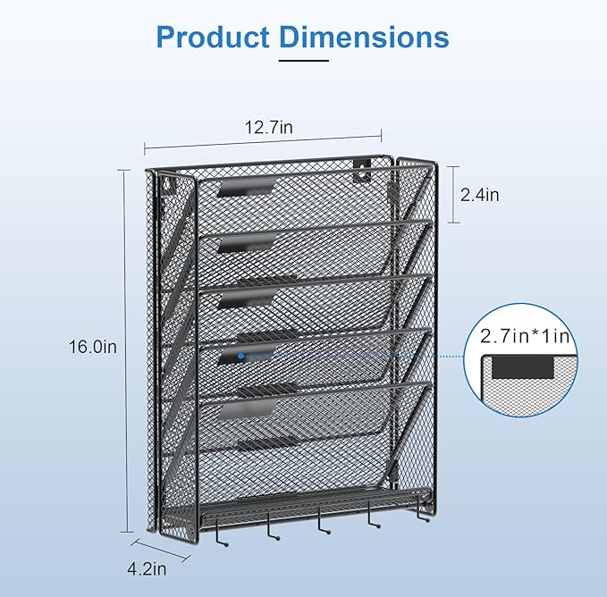 OUTWOLF Hanging Wall File Organizer with Hooks, 6 Tier Vertical Wall Mount File Holder, Paper Document Mail Organizer for Off