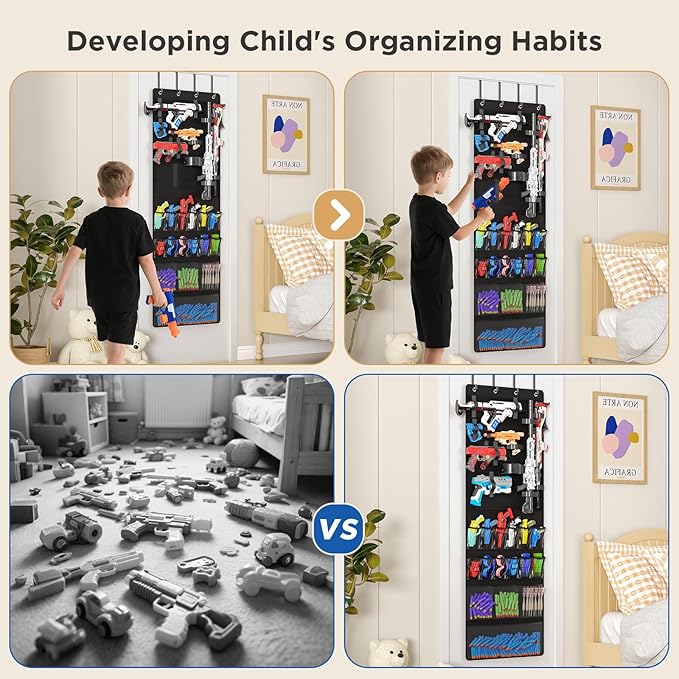 Over the Door Organizer for Toy Guns, Toys Storage Door Hanger with Pockets and Slots for Kids Foam Blasters, Darts, Goggles,