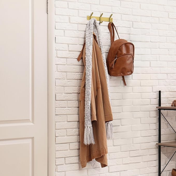 Brushed Gold Small Coat Rack Wall Mount – 9 Inch Stainless Steel Rail with 3 Double Coat Hooks for Entryway, Bathroom, Bedroo