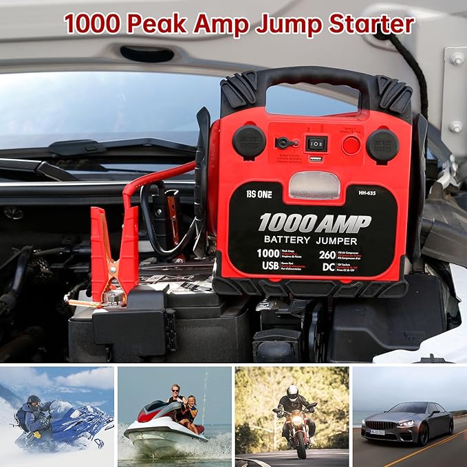 BS ONE 1000 Amp Peak Current Car Jump Stater, 12V Lead Acid Battey Jump Box with 260PSI Air Compressor, Jump Starter Battery