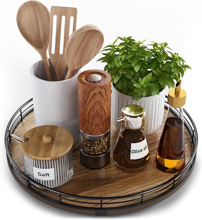 Acacia Wood 12" Lazy Susan Turntable Organizer for Table Top, Farmhouse Round Wooden Lazy Susan for Cabinet Kitchen Centerpie