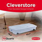 Rubbermaid 70 Quart Under the Bed Low Profile Storage Boxes with Dual Hinged Lids and Easy Rolling Caster Wheels, Clear, 2 Pa