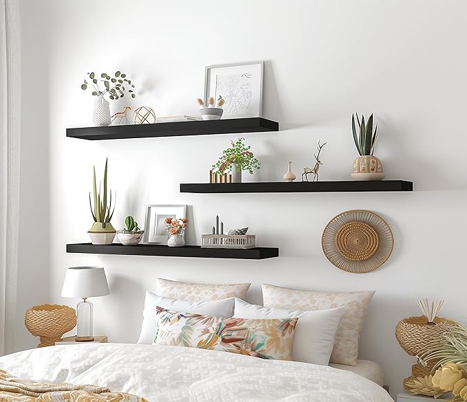 PHPH 36 Inch Wood Floating Shelves for Wall, Wooden Wall Shelves for Bedroom, Set of 4 Black
