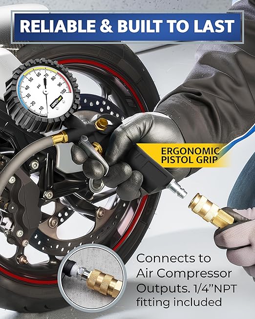 Tire Inflator with Pressure Gauge – Large Glow Dial, Swivel Air Chuck with Gauge and Air Compressor Accessories – 100 PSI