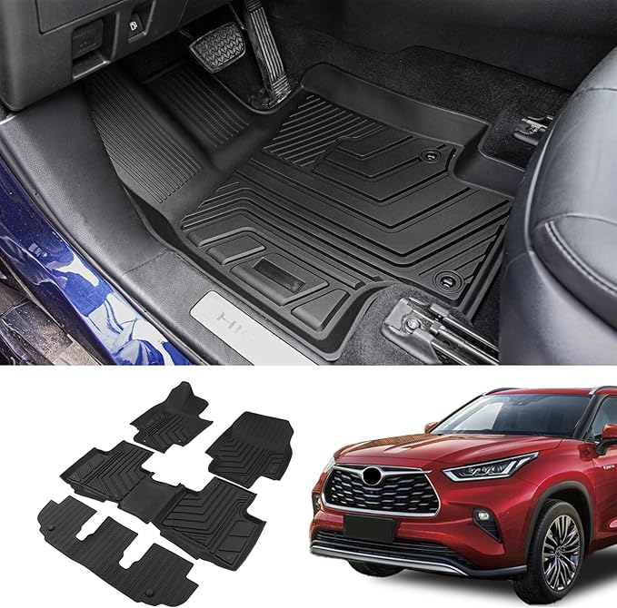 Bomely Floor Mats Compatible with 2020-2026 Toyota Highlander 3 Row Liner TPE All Weather 2025 7 Seats Highlander Accessories (2020-2026,Floor Mats)