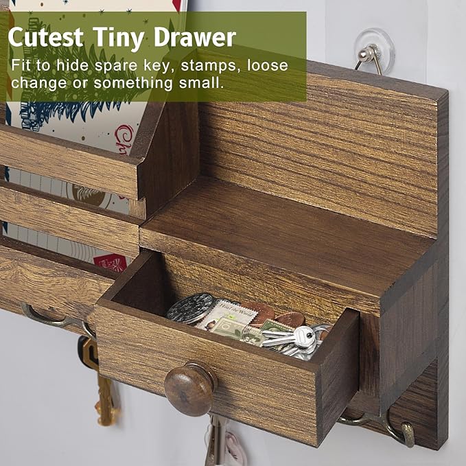 Key Holder Wall Mount, Wooden Adhesive Mail and Key Organizer with Drawer, Small Shelf, 8 Hooks, 2 Installation Methods, Brow