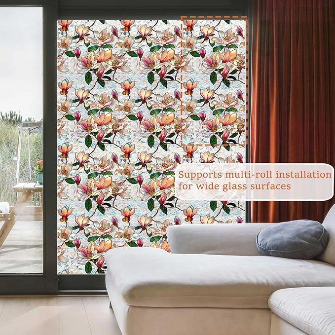 Magnolia Sunroof Stained Glass Window Film Decorative, 3D Rainbow Window Film Non-Glue Static Cling Sunroof Decal for Car Moonroof Home Glass Door Decor, 16.9" x 39.4"