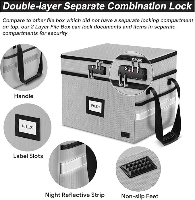Fireproof Document Box with Lock, 2-Layer File Box Storage Organizer with 5 Tabs& Insert, Portable File Cabinet Storage Box w