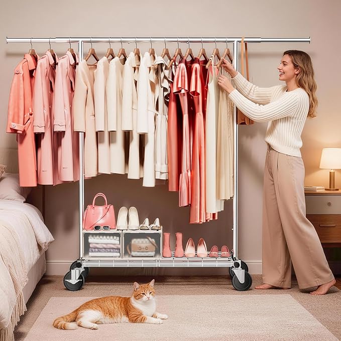 Heavy Duty Clothes Rack - Load 500 LBS, Rolling Clothing Rack for Hanging Clothes with Lockable Wheels & Shelves, Extendable 