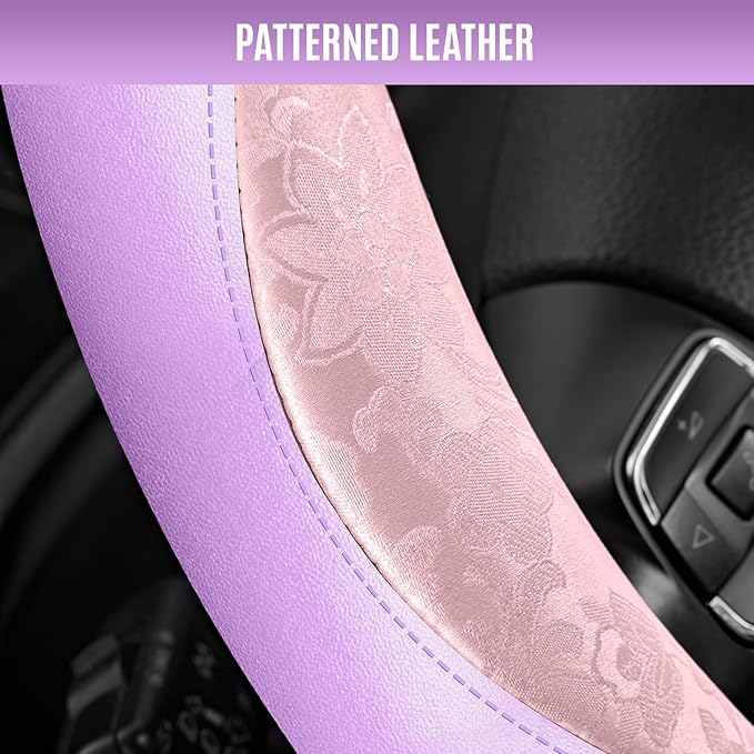 PIC AUTO Steering Wheel Cover, Pink Patterned & Light Purple Leather Patchwork Design, Universal Fit 14.5"–15.5", Anti-Slip, 