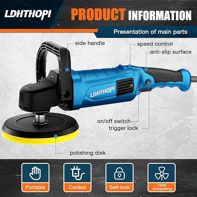 LDHTHOPI Buffer Polisher, 1800W 6 inch/7 inch Rotary Buffer Polisher Waxer, 750-3100RPM Car Buffers and Polishers with 6 Variable Speeds, for Car, Boat, Furniture, Floor