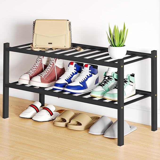 Smiry Shoe Rack, 2 Tier Bamboo Shoe Organizer, Stackable Free Standing Wooden Shoe Storage Shelf for Closet, Entryway, Front 