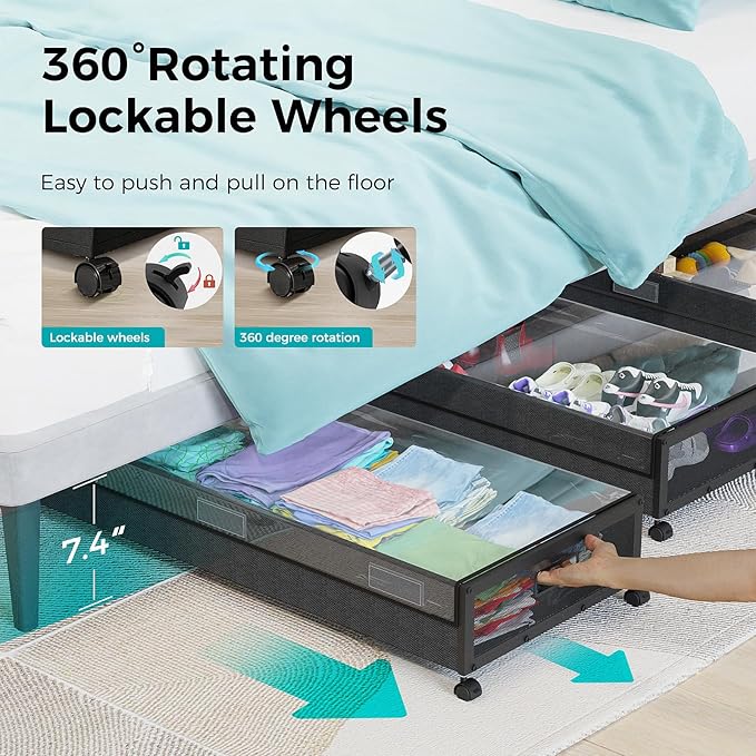 oylik Large Under Bed Storage with Wheels, Metal Under Bed Storage Containers with Clear Lid, Handle, Rolling Under Bed Shoe 