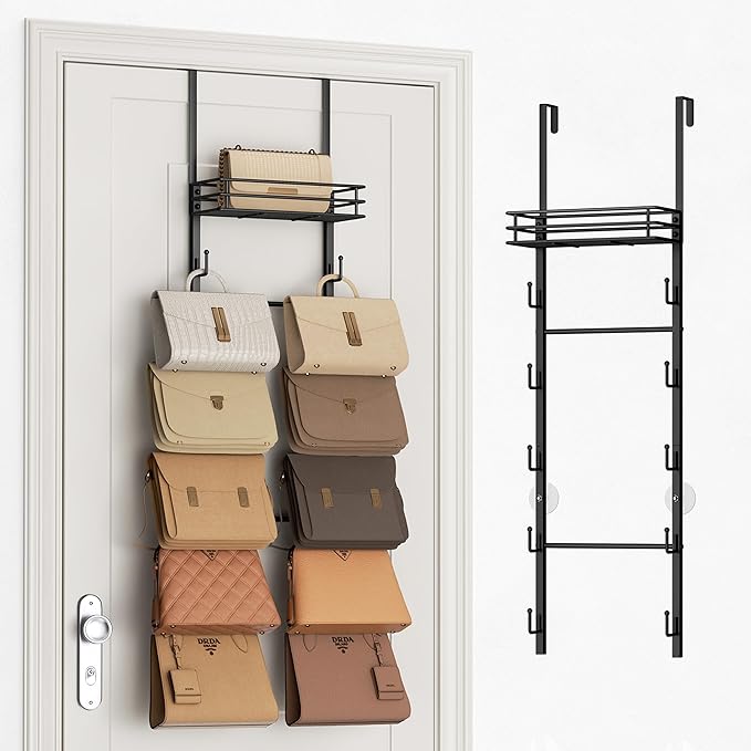 SWTYMIKI Over The Door Purse Organizer - Wall Mounted Handbag Organizer with 10 Hooks and Metal Basket, Hanging Purse Storage