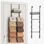 SWTYMIKI Over The Door Purse Organizer - Wall Mounted Handbag Organizer with 10 Hooks and Metal Basket, Hanging Purse Storage