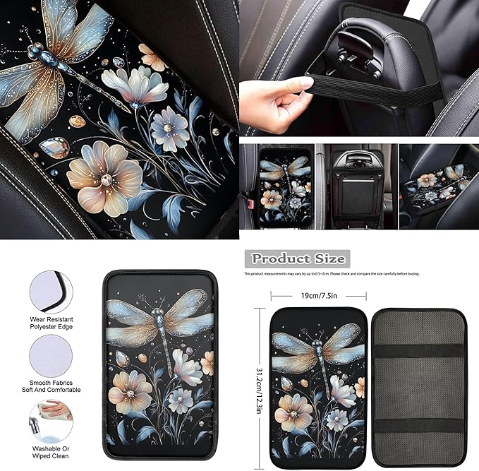 Dragonfly Car Seat Cover Full Set with Auto Steering Wheel Cover Seat Belt Strap Pads Cup Coasters Armrest Pad Floral Keychains Chapstick Holder Universal Fit, 13 PCS
